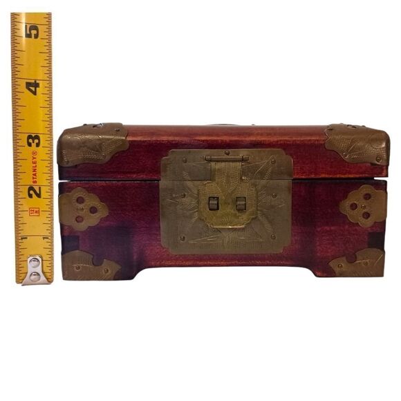 Vintage Cloisonne Wooden Jewelry Box Asian Brass Floral Rosewood Silk Lined - Picture 3 of 16